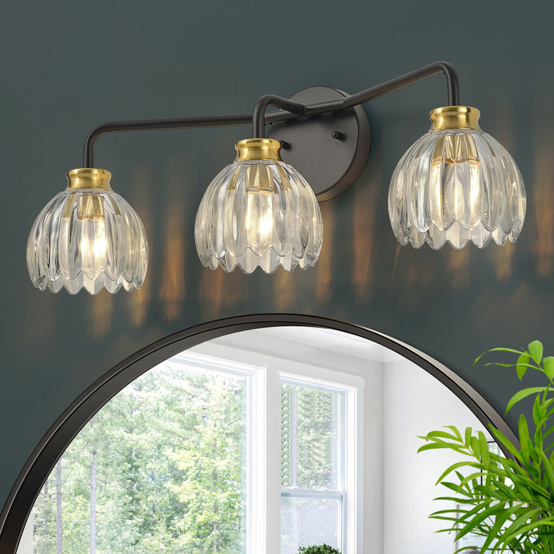 3 - Light Dimmable Vanity Light With Tulip Glass Shade, Matte Black/Gold
