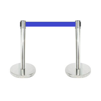24" Short Retractable Belt Queue Safety Stanchion Barrier (Mirror Post/120" Blue Belt)