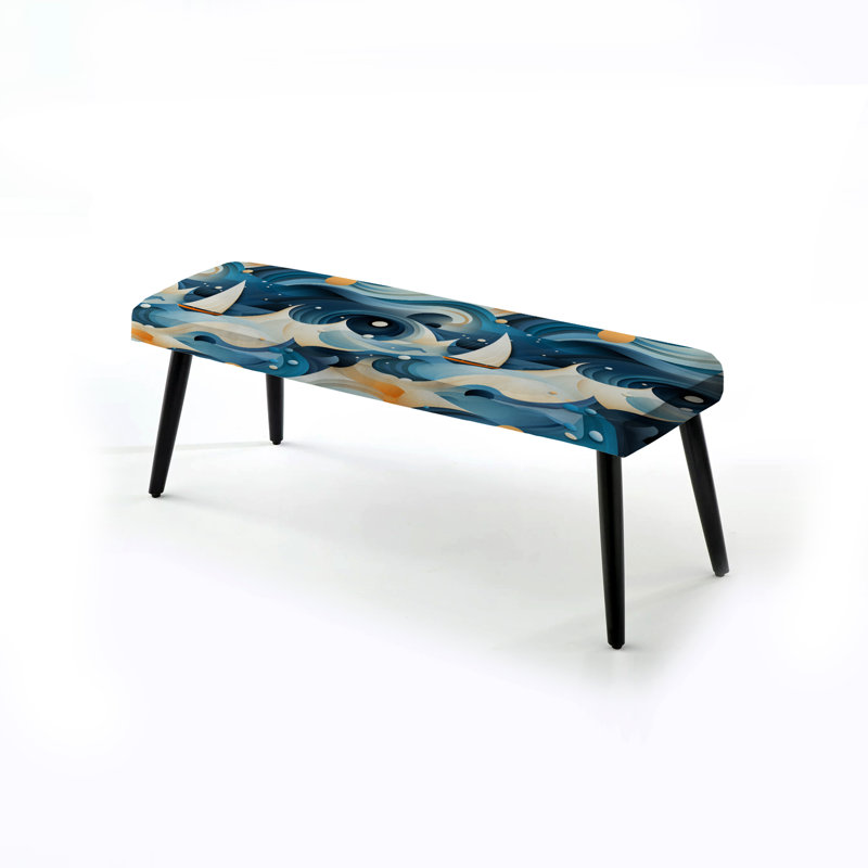 Blue And White Wave - Coastal Upholstered Black Bench