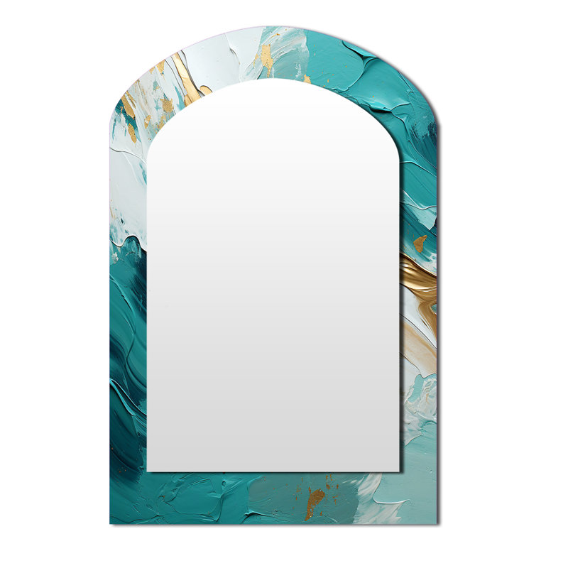 Golden Morning Glory Painting Gold On Teal - Midcentury Modern Arch Decorative Mirror, Modern Asymmetrical Wall Mirror, Printed Metal Art
