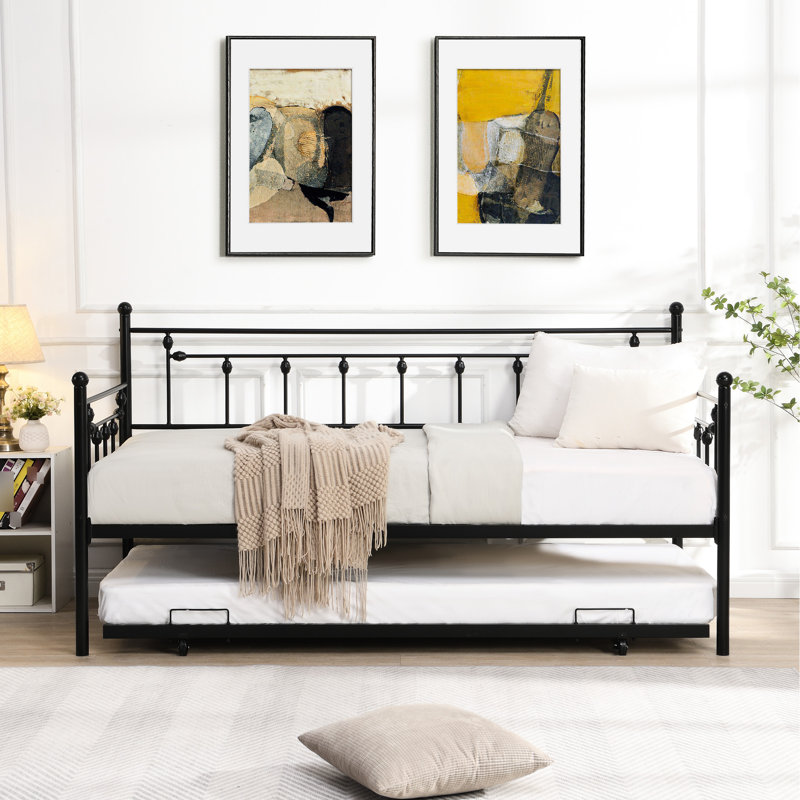 Lit de jour avec couchette en noir - Économisez de l'espace Design moderne, structure métallique solide pour la durabilité, calme et stable, assemblage facile inclus, aucun sommier requis, supporte une élégance de couleur de 250/350 lb,