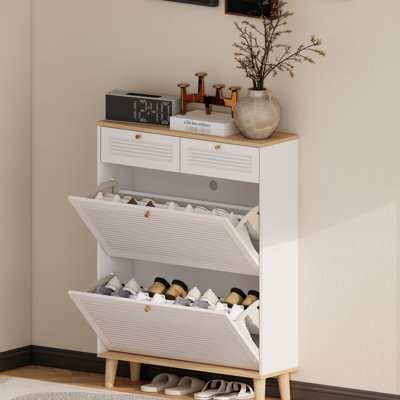Range-chaussures pour espaces restreints, étagère autoportante étroite avec 2 portes et tiroirs rabattables, pieds en bois naturel, supporte de nombreuses paires, armoire à installation rapide avec finition blanche, grandes chaussures de rangement,