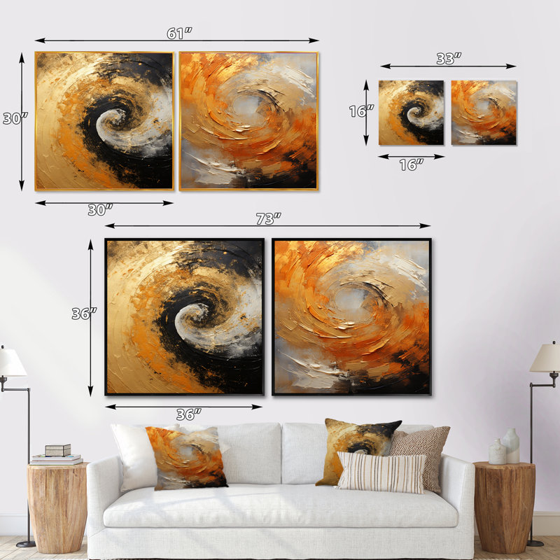 Mirage spirale doré doré noir - ensemble de 2 collages carrés abstraits en spirale, Cadre flottant noir, H 16 po x l 33 po