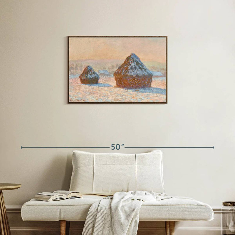 Wheatstacks Snow Effect Morning 1891, Cadre flottant en noyer, 31 po x 21 po