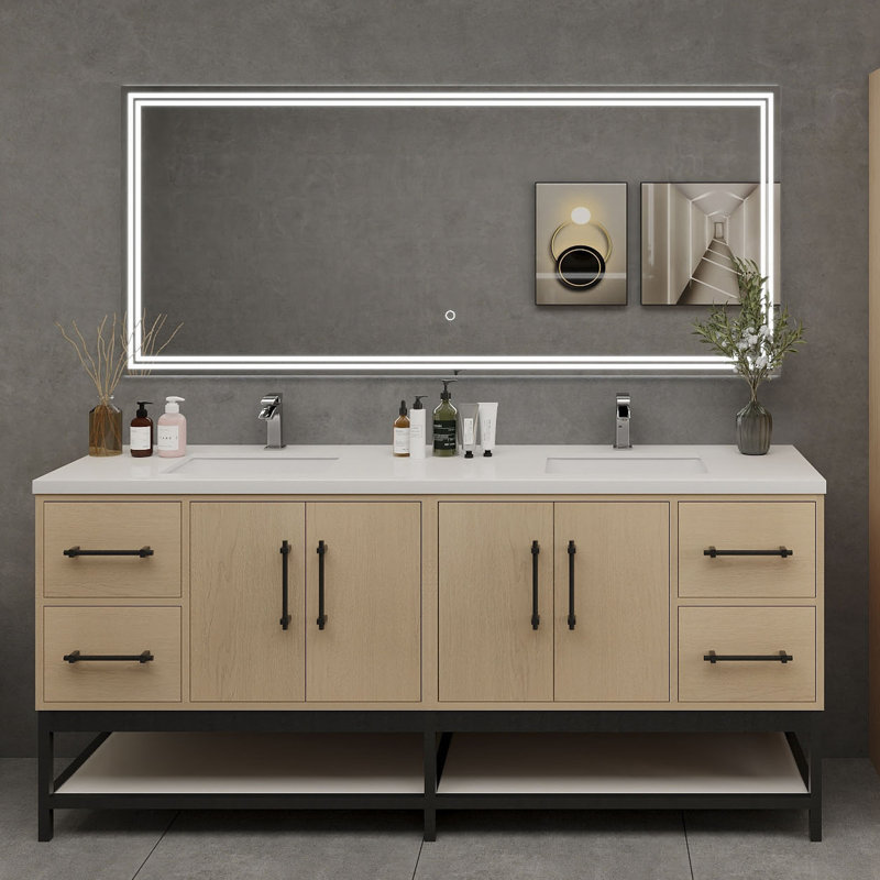 Meuble-lavabo mural Victoria avec double évier et support en acrylique renforcé, Chêne jaune