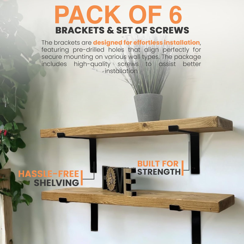 6 Pcs Heavy Duty Shelf Brackets For Scaffold Board Shelving - Shelves Support Industrial Rustic Style, Raw Steel-Down