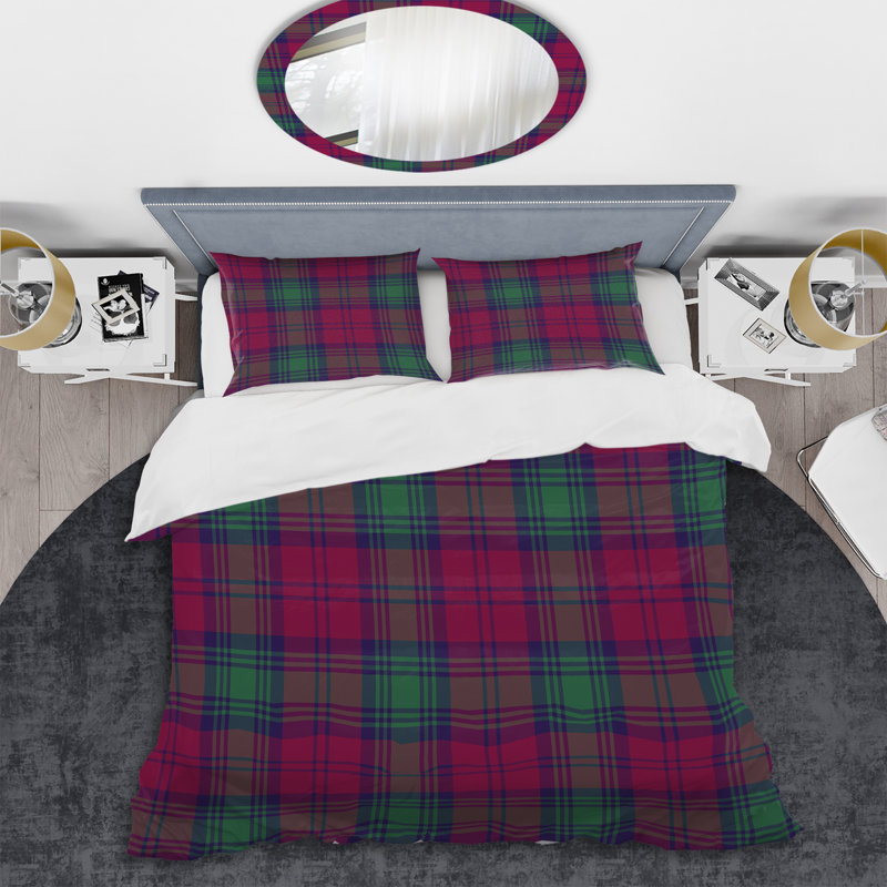Tartan à carreaux vert et mauve - Ensemble de housse de couette abstrait - Microfibre de polyester