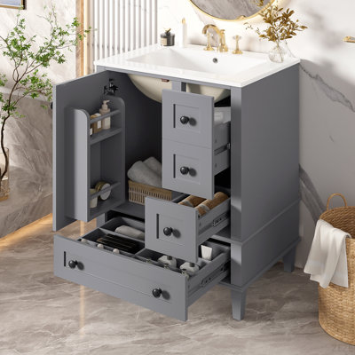 24-Inch Bathroom Vanity With An Integrated Ceramic Basin, Featuring A Door-Mounted Double-Layer Shelf, Soft-Close Drawers, And A Soft-Close Cabinet Door