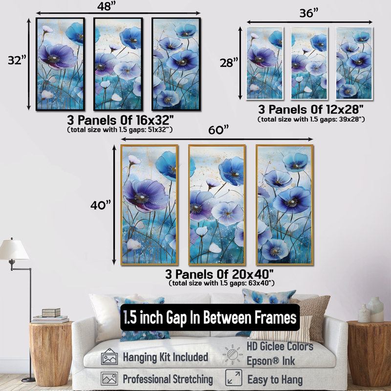 «Blue and Purple Morning Glory Flowers» - ensemble de reproductions d'art mural, Cadre naturel flottant