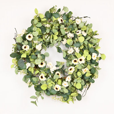 24" Artificial Farmhouse Spring Summer Blossoms Cluster Greenery Eucalyptus Berry Daisy Floral Wreath For Front Door