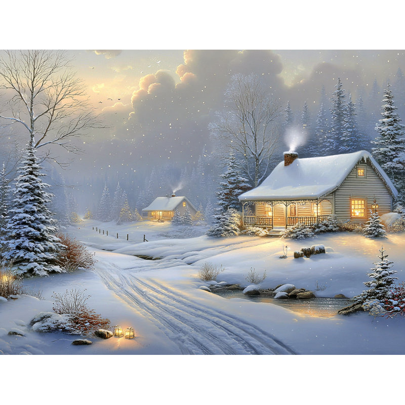 «Snowy Cabin Glow - Peaceful Winter Landscape», art mural sur toile tendue, H 12 po x l 16 po