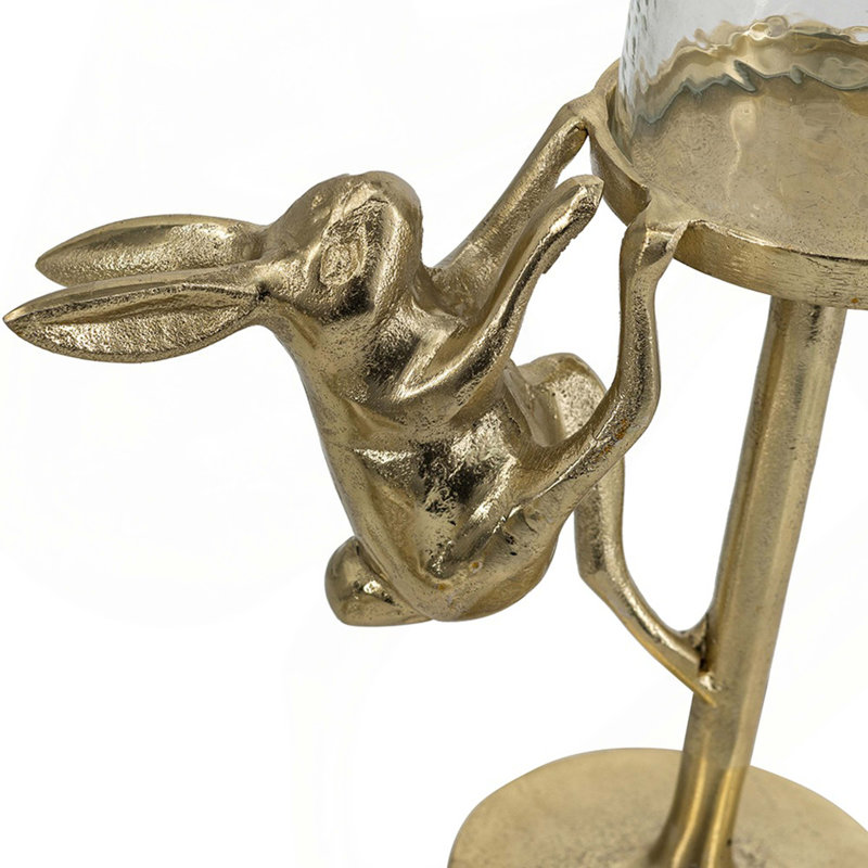 7.9x4 Gold Rabbit Pillar Candle Holder with Clear Glass Hurricane Shade