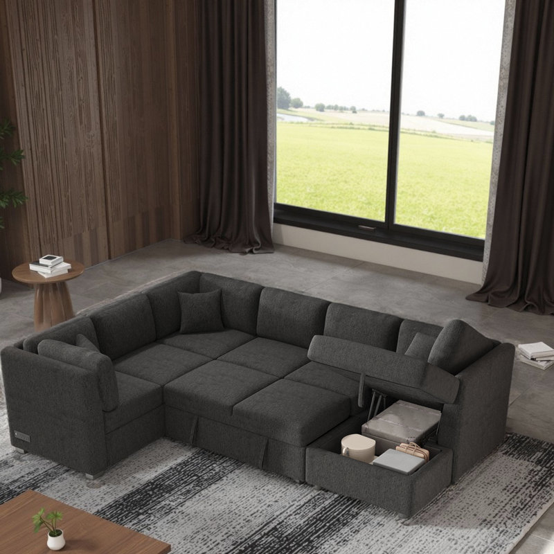 Canapé modulaire en U 108,6 po avec canapé-lit, Chenille noir