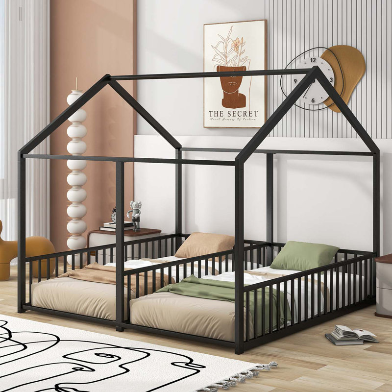 Twin Size House Platform Bed, Two Shared Beds, Black
