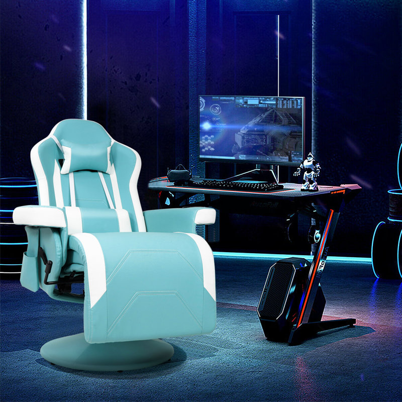 Inbox Zero Reclining Ergonomic Swiveling PC & Racing Game Chair with Footrest, Cyan White