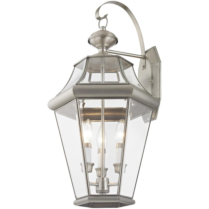 12.5in 3 Light Outdoor Wall Lantern Pendant - Clear Beveled Glass Shade, Brushed Nickel