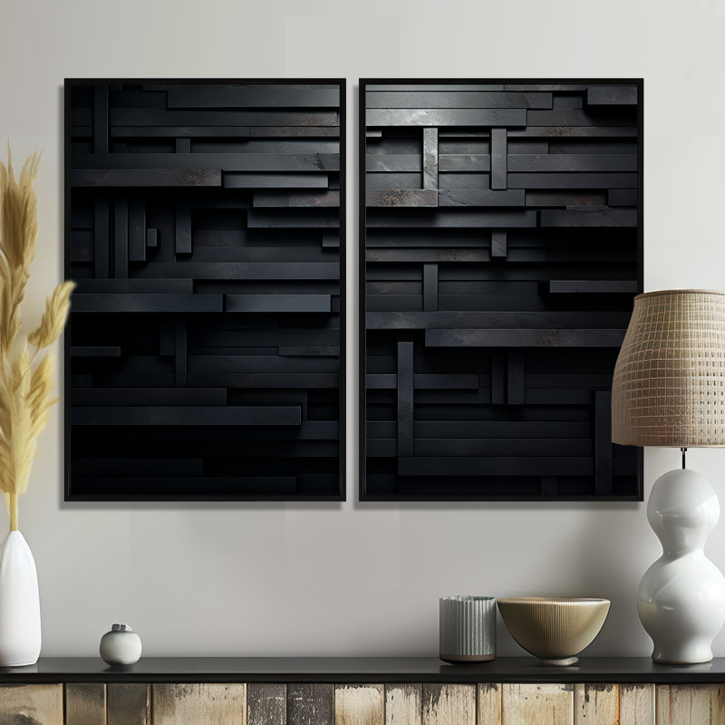 «Black Brick Cube Dimensions V», art mural abstrait géométrique, ensemble de 2 impressions sur toile, H 36 po x l 48 po, Noir