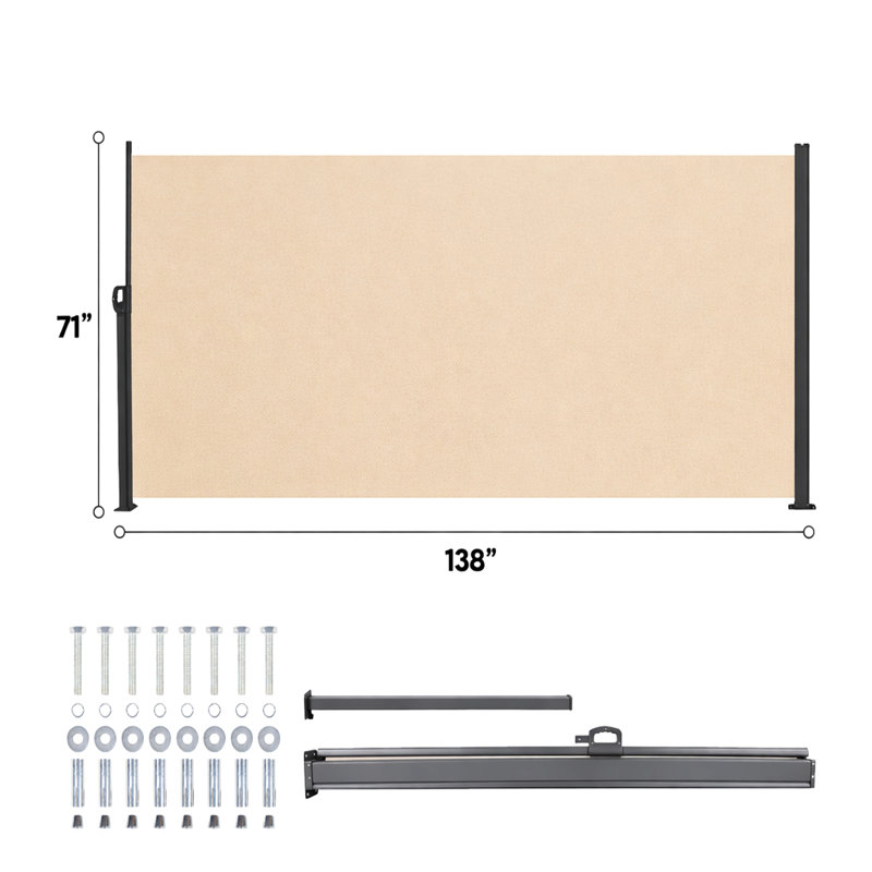 Auvent latéral 138 po x 71 po, beige, rétractable manuellement, imperméable, idéal pour le porche - matériau, métal rétractable gris rouille, protection, écran d'intimité intérieur et extérieur, structure rouille