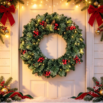 Couronne de Noël en PVC avec lumières DEL New Arrow, décorée de baies rouges et de pommes de pin, facile à suspendre pour l'intérieur et le décor des fêtes