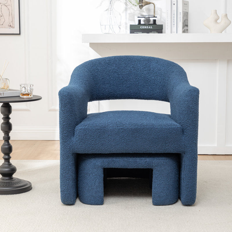 Fauteuil demi-tonneau avec repose-pieds, Fausse fourrure bleu marine