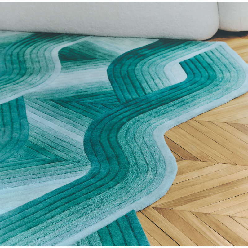 Flow Hand Tufted Wool Geometric Area Rug in Aqua