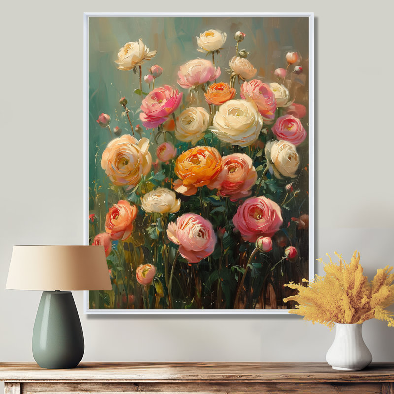 Rose, blanc, ferme, charme, Renoncule I - Renoncule, art mural, salon, Cadre flottant blanc, H 34 po x l 44 po