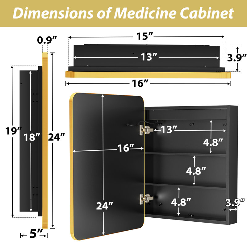 W H Framed Medicine Cabinet Mirror Fixed, Gold, 24" H x 16" W x 5" D