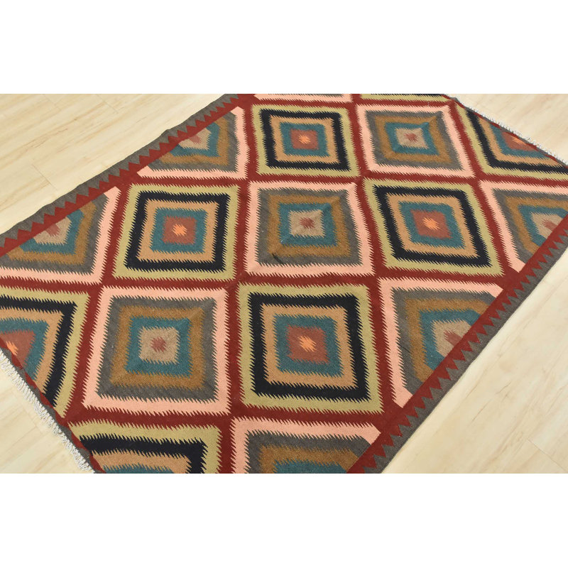 Tapis rouge / bleu / noir en laine noué à la main de conception unique 4 pi 8 po x 6 pi 1 po