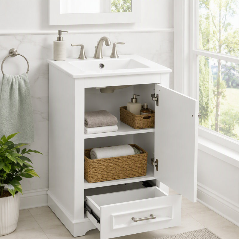 Meuble-lavabo de salle de bain avec porte à fermeture en douceur, tiroir et tablette réglable, Blanc