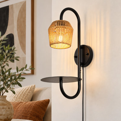 Alyza Rattan Plug-in Armed Sconce with Tray Table and Bulb Included