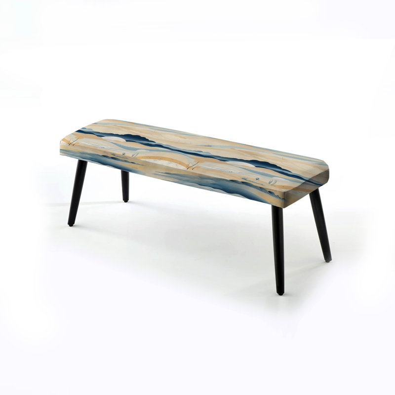 Coastal Landscape Minimal In Blue - Boho Upholstered Black Bench