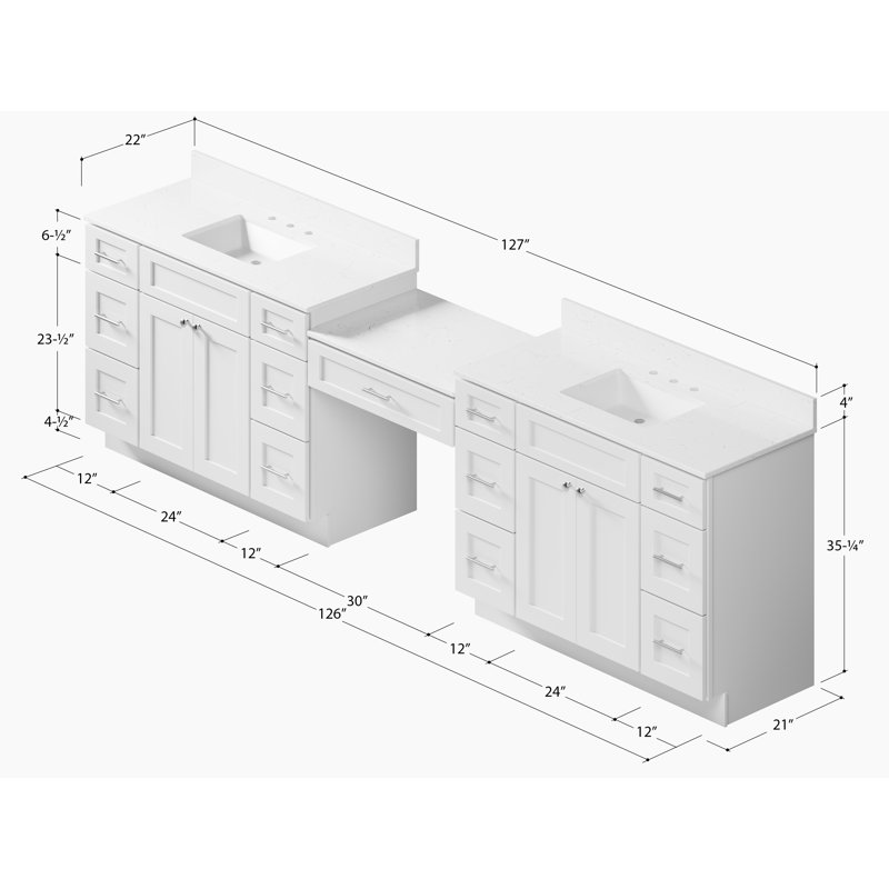 Ensemble de meuble-lavabo double 126 po avec comptoir en bois massif de tiroir Carrar Disar, Blanc