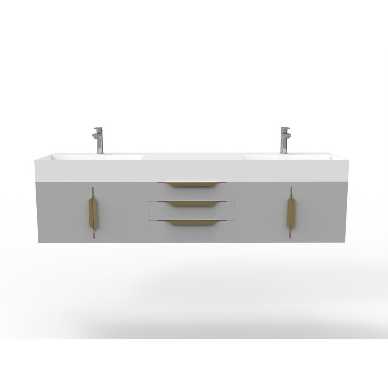Ensemble de meuble-lavabo mural simple l 72 po Clelie, Gris, Doré, Blanc