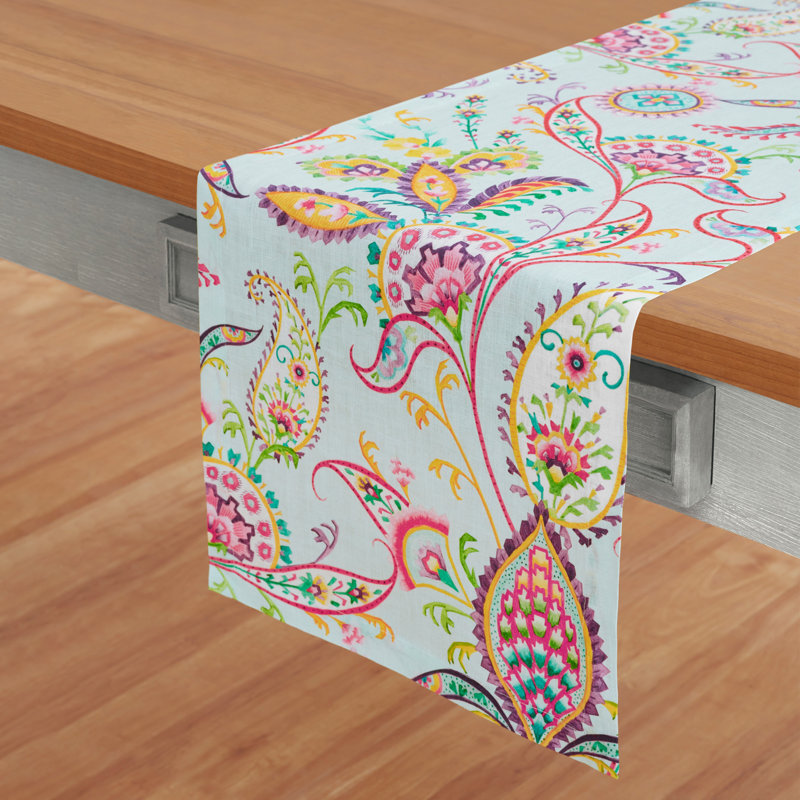 Royal Paisley - 100% Linen Printed Table Runner, Royal Paisley - Aqua, 108" x 14"