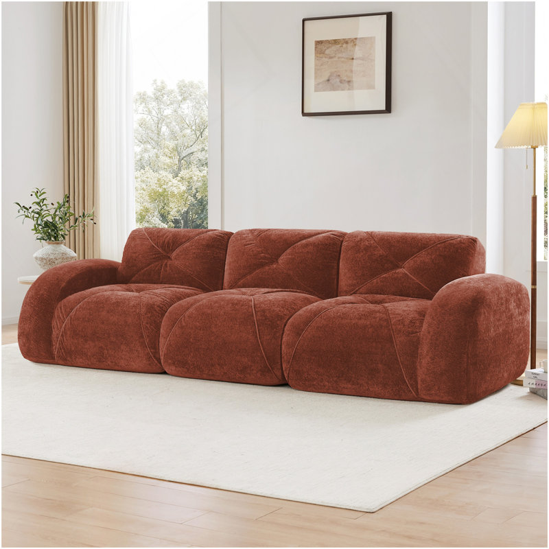 Canapé 110 po sans tissu avec velours doux et capitonné, canapé modulaire modulaire, éponge haute densité 32D, conception antidérapante, fond ergonomique, aucun assemblage requis, pour le cinéma maison, rouge-brun