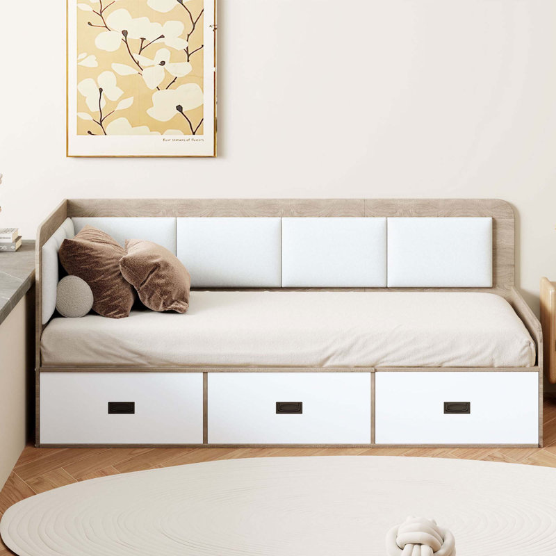 Lit de jour avec trois tiroirs et trois compartiments de rangement, Beige / Naturel, Lit simple