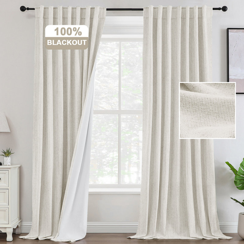 Premium Chenille Linen Textured 100% Blackout Curtains Thermal Insulated for Living Room Back Tab/Rod Pocket Bedroom Draperies 2 Panels