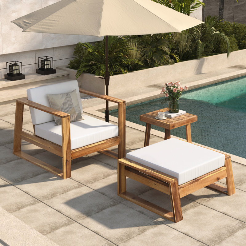 Chaise longue avec repose-pieds en bois d'acacia, Beige