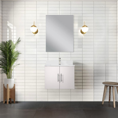 White Bath Vanity With Quartz Top, 24 In. W X 22 D, 18 Mirror, Faucet - Glossy, And Scratch Stain D Glossy Countertop, Mirror Surface
