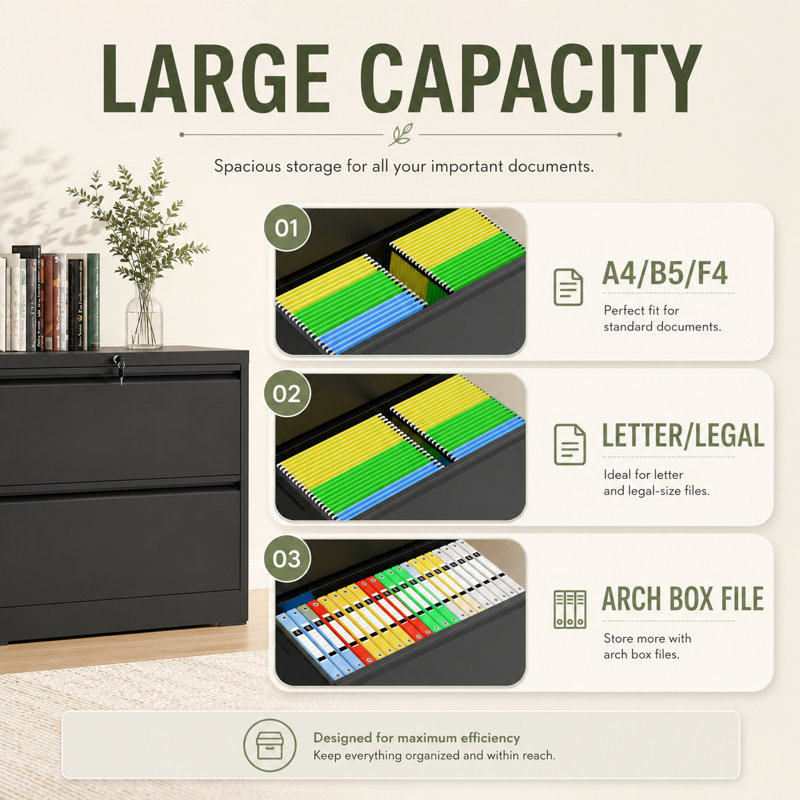 35.43"W 2 Drawer Metal Lateral File Cabinet for Home Office - A4/Letter/Legal Size, Black