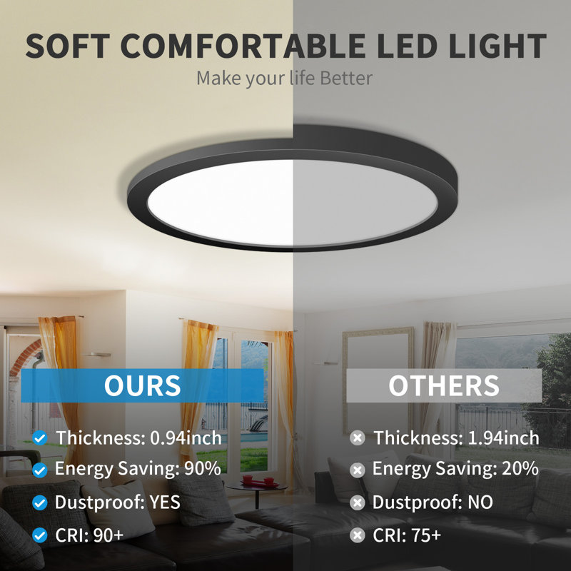 24 Inch Round Black Ceiling Light, 48W 120V 5CCT Dimmable Slim LED Ceiling Light, Close to Ceiling Light Fixtures for Bedroom, Kitchen, Hall