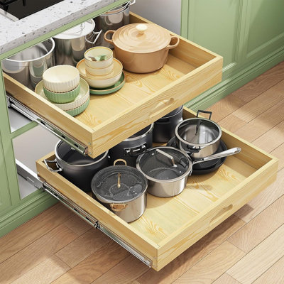 2 Pack Pull Out Cabinet Organizer, Soft Close Wooden Slide Out Drawers, Full Extension Roll Out Shelves for Kitchen and Pantry