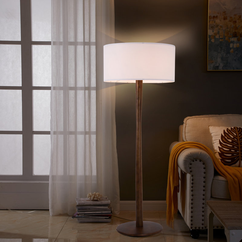 61'' Modern Walnut Wood Column Floor Lamp with White Linen Drum Shade, Minimalist Standing Lamp, cULus Certified for Living Room Side Tables, Bedroom Corners, Home Offices or Study Rooms
