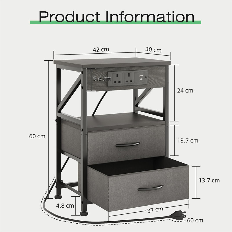 42cm W Metal Bedside Table
