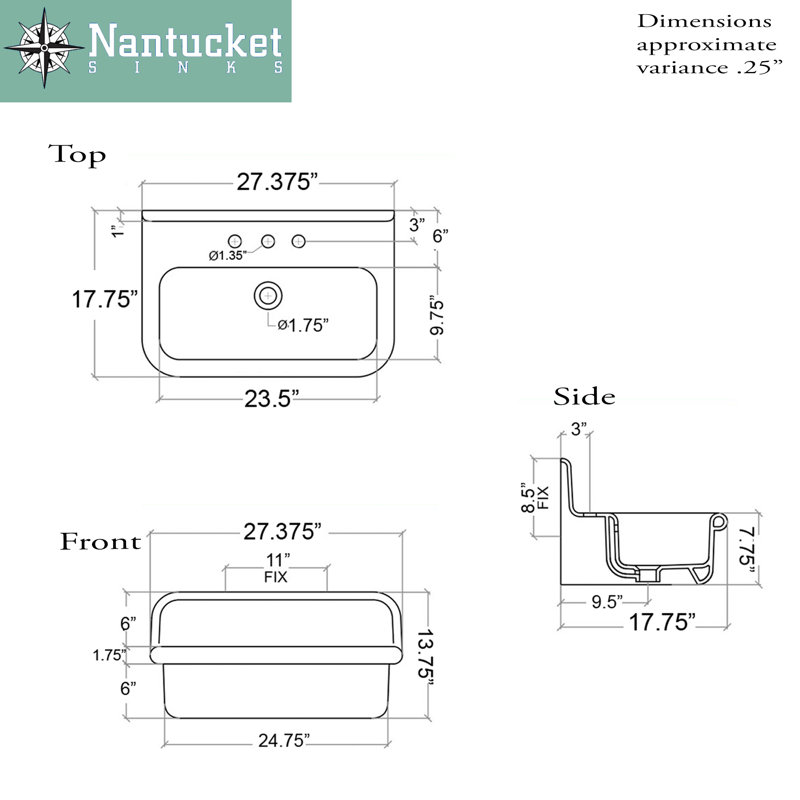 Nantucket Sinks 27.75'' Fireclay Specialty Bathroom Sink with Overflow, White