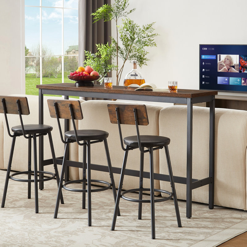 Long Bar Table Set with 3 PU Upholstered Bar Stools, Small Space Apartment Counter Height Kitchen Island Table, Rustic Brown