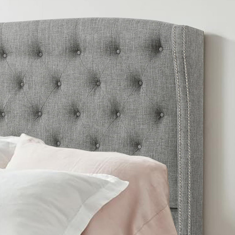 Linen Upholstered Wingback Headboard with Double Nailhead Trimming and Button Tufting for Bedroom, Gray, Twin