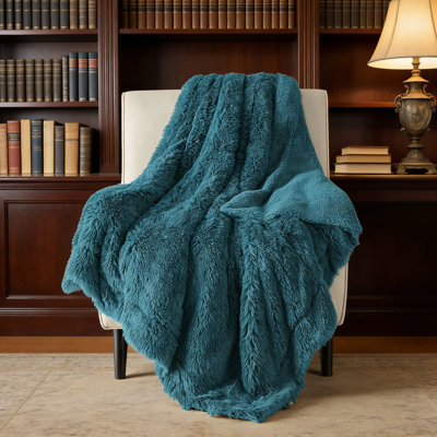 Teal Faux Fur Sherpa Twin Blanket, Soft Minky 60X80 For Bed Couch