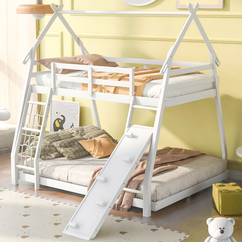 Lit superposé simple au-dessus de grand lit avec filets d'escalade et rampe d'escalade, blanc