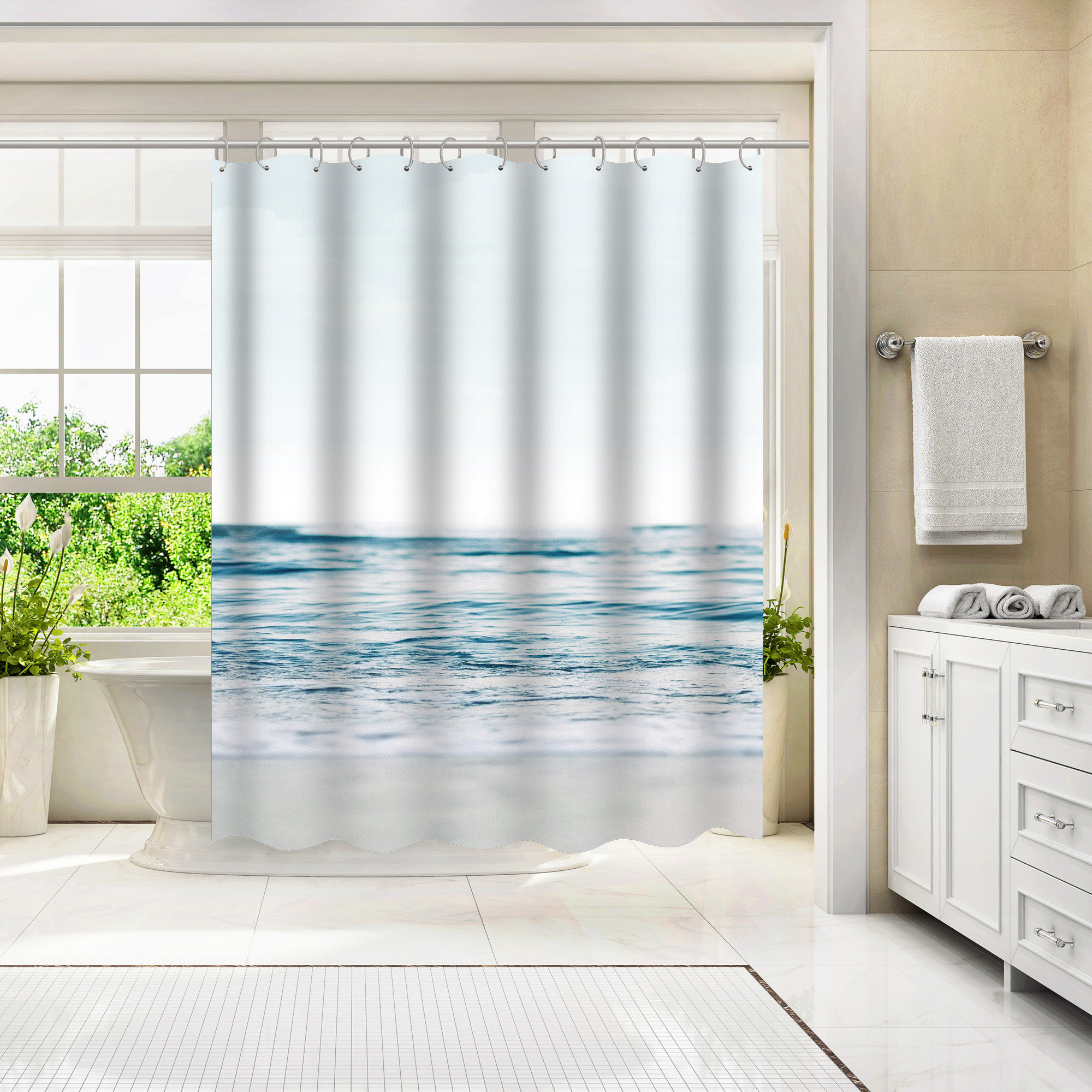 Bless international 71 x 74 Coastal Shower Curtain , Blue Wave and Sand 1  by Artvir